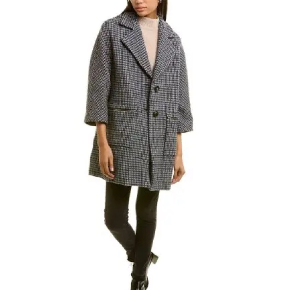 MAJE women’s GARLY wool houndstooth coat collared button OVERSIZED L/XL